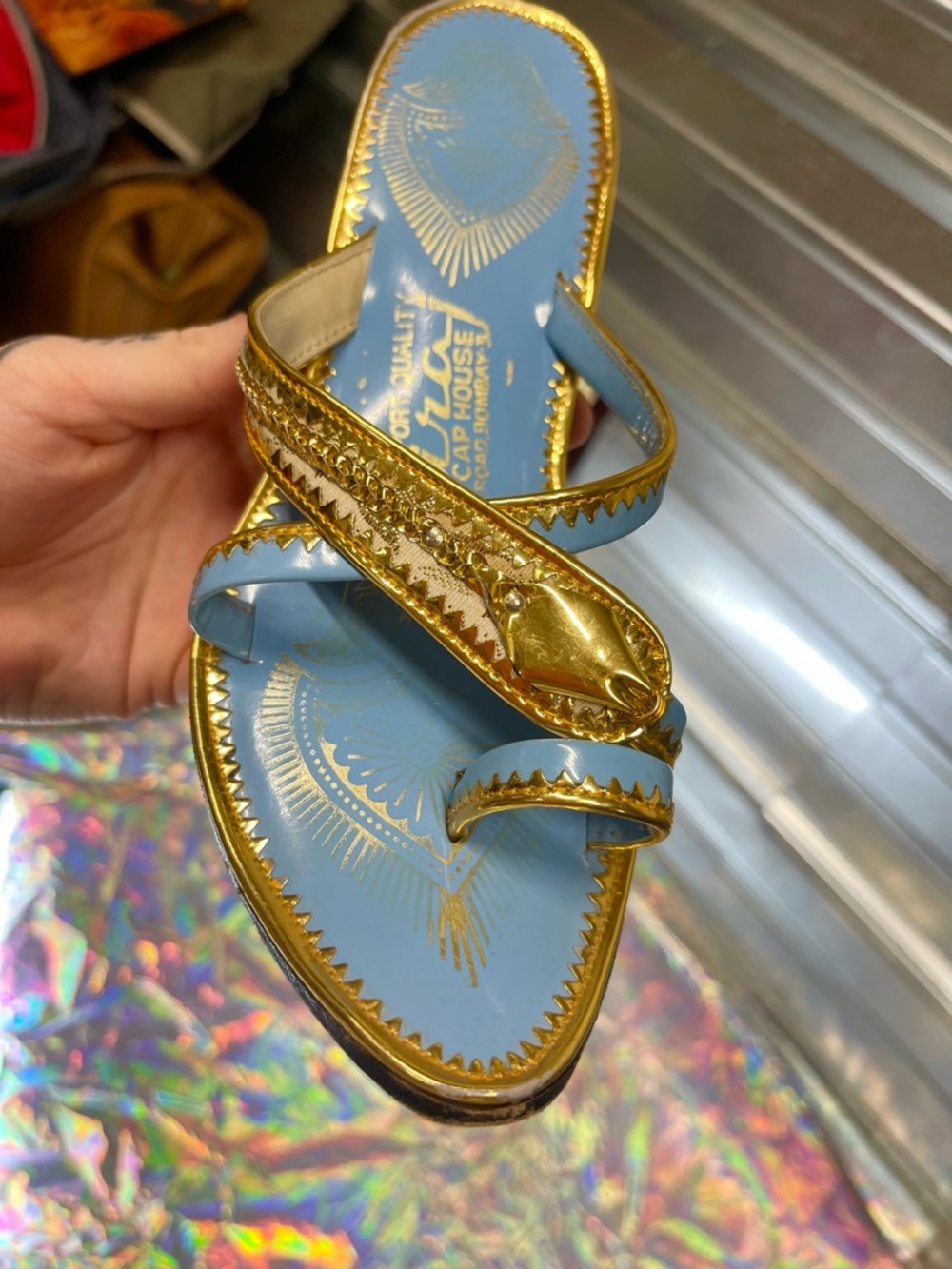 Vintage Kolhapuri Indian Pointed Toe Metallic Sandals Flip Flops Bombay - Picture 7 of 13
